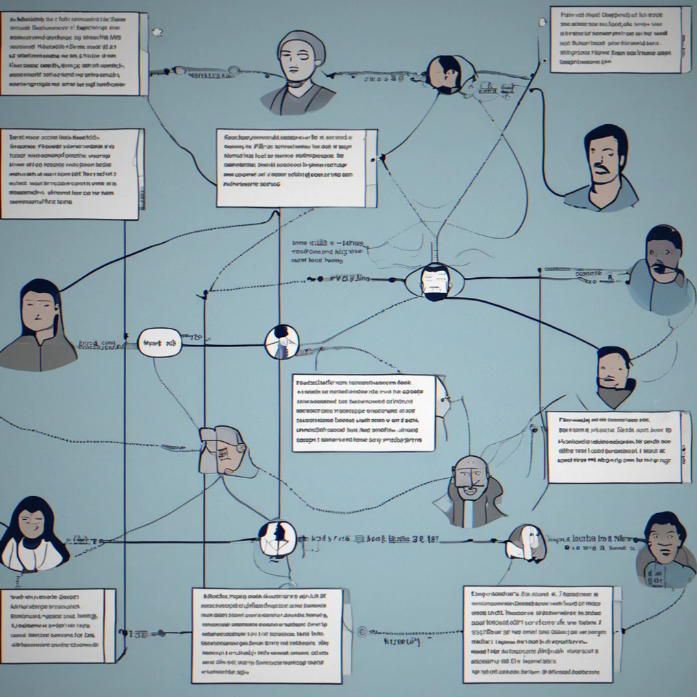 A timeline diagram showing events from loops 3, 8, 14, and 19 arranged with connecting lines and gaps where information is still missing