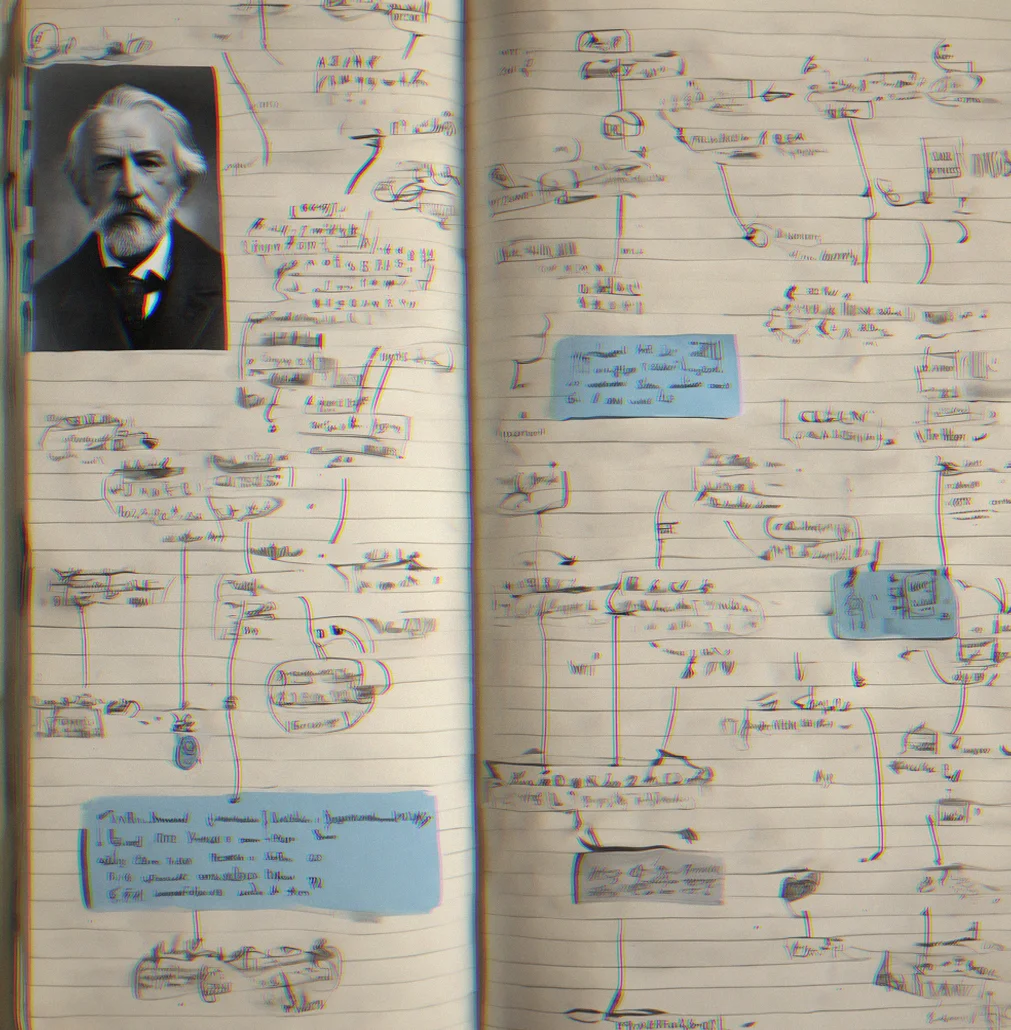 A notebook page photographed from above showing handwritten character names, loop numbers, timeline sketches, and margin notes connecting clues