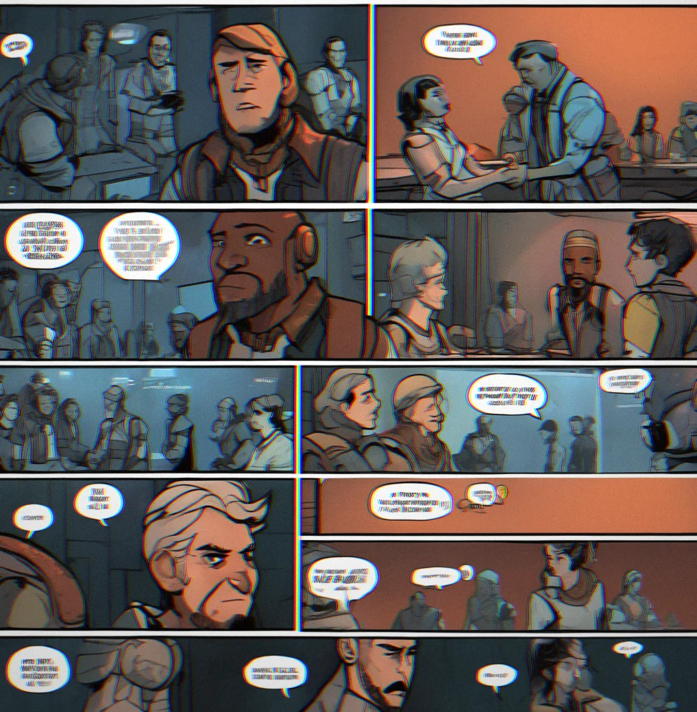 Dark room with multiple NPCs at different spots, each one has a speech bubble saying something different about what happened