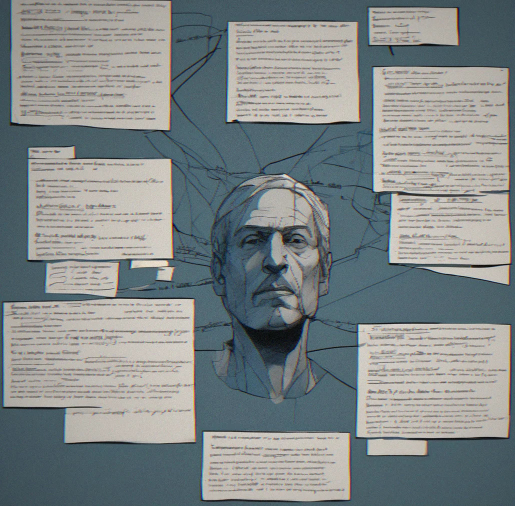 A shadowy interface showing branching dialogue trees with overlapping timestamps and handwritten notes scattered across a dark background