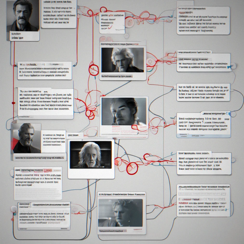 A timeline interface showing overlappung dialogue snippets from different loops, with contradicting statements highlighted in red and connected by dotted lines