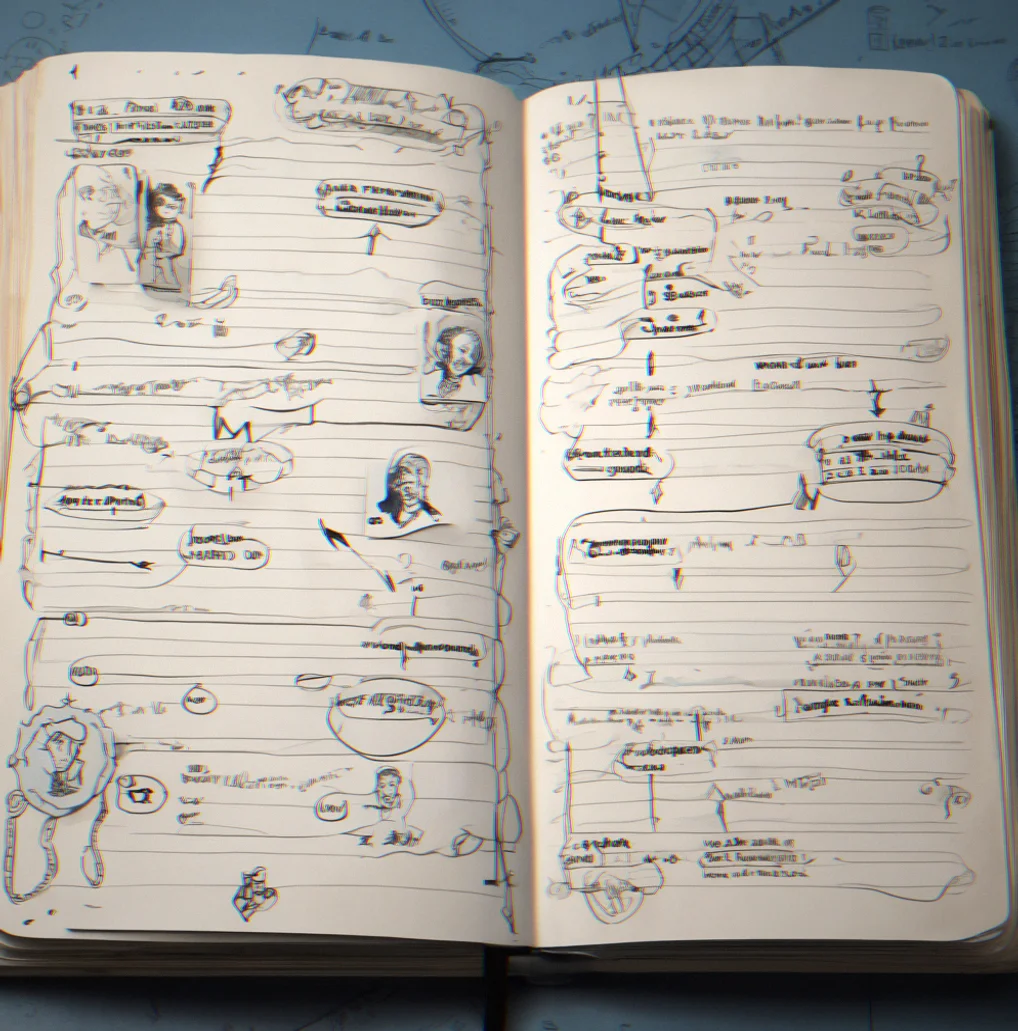 A player's notebook with handwritten notes, character names, loop numbers, and a web of arrows connecting different story clues and deductions