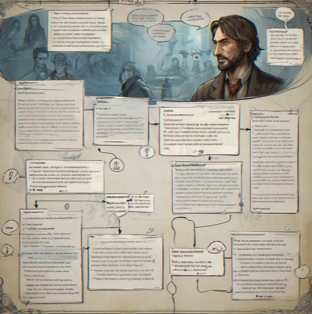 Player's final notes page with connections drawn between clues from different loops. A deduction explaining why a character lied is circled in red