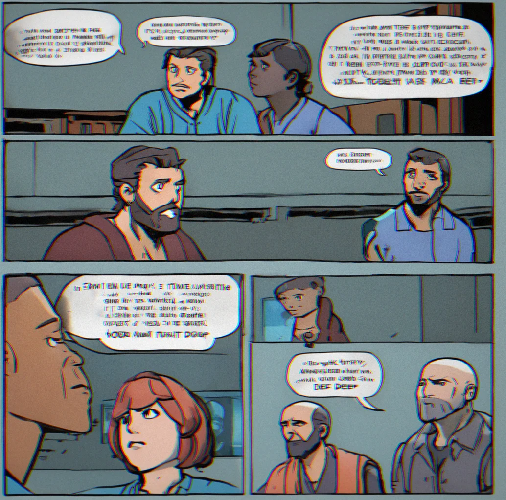 Three NPCs in a room, each with their own speech bubble telling conflicting versions of the same event. Timestamps show which loops they're from